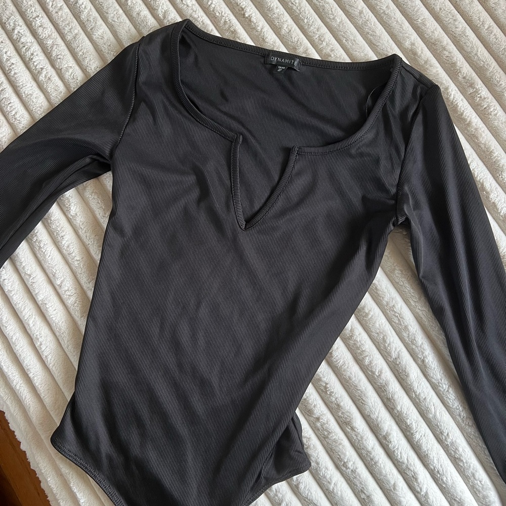 Sleek Black Bodysuit with Stretch Fabric and V-Neckline